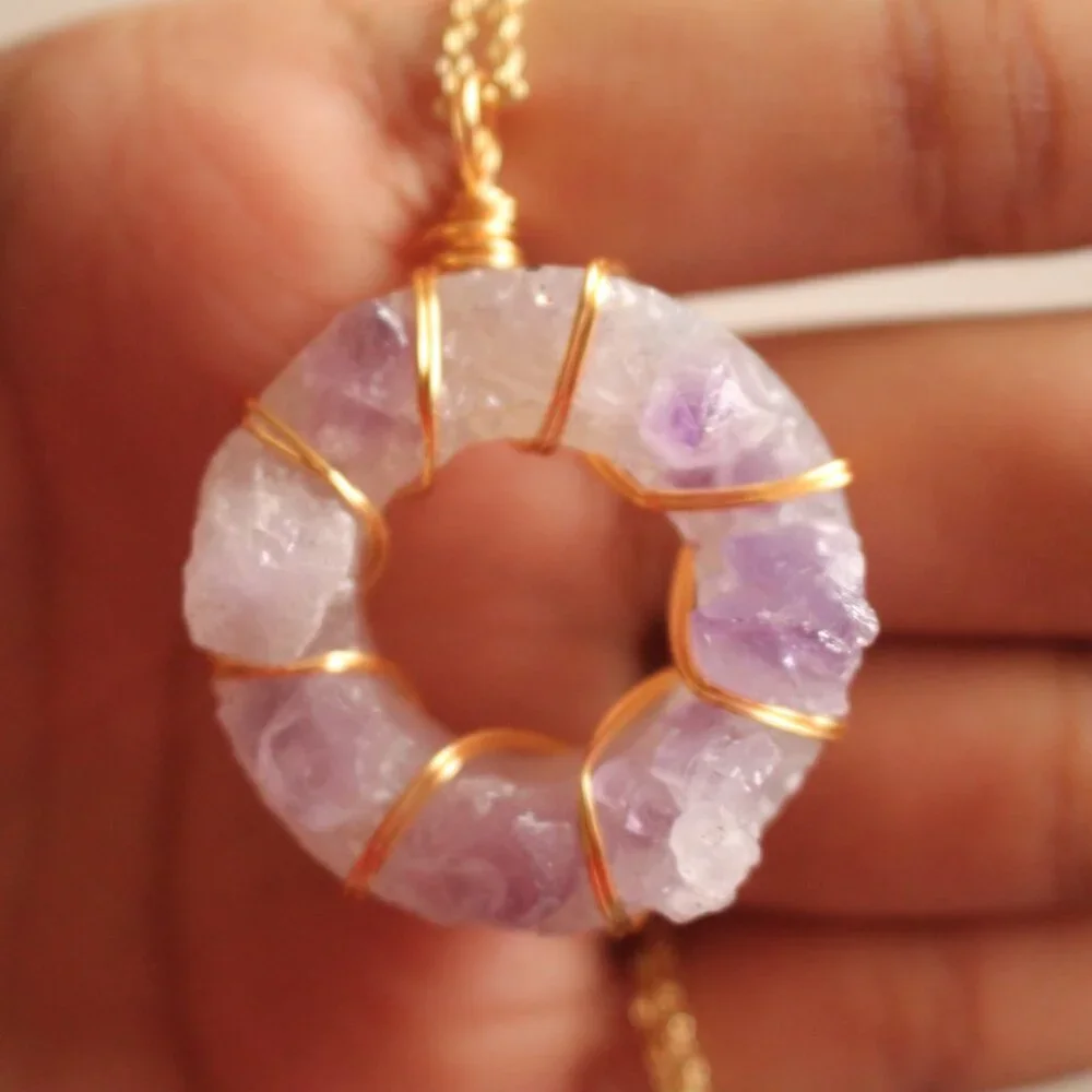 Raw Amethyst Circle Pendant Necklace – Gold Wire Wrapped - Picture 4 of 8